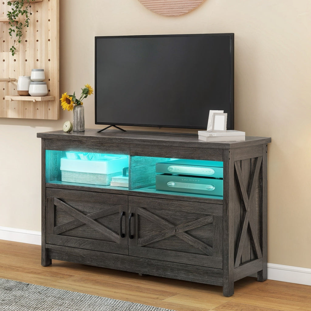 Farmhouse TV Stand for up to 65 TV with Doors and Open Shelves Media Console Power Outlet