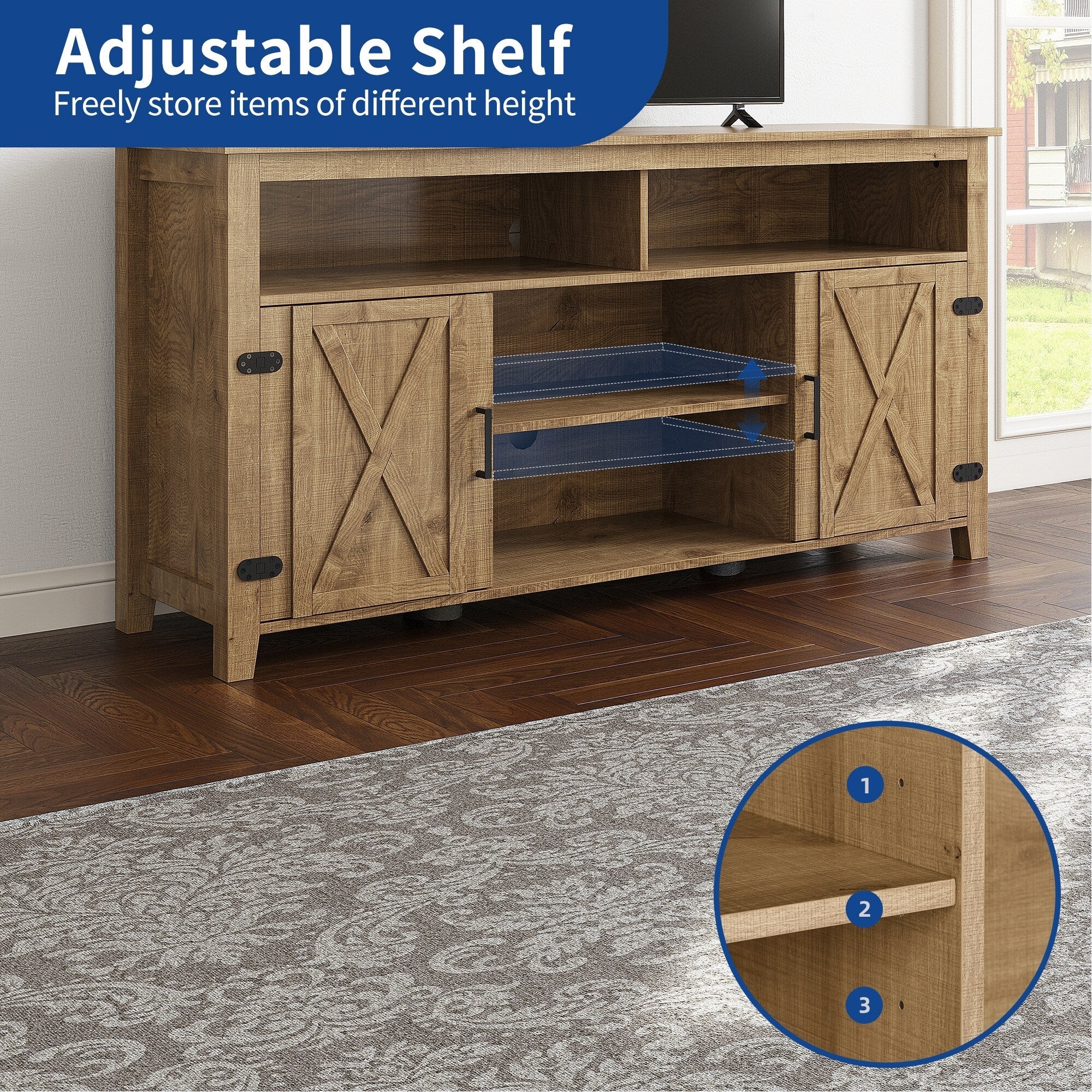 Farmhouse TV Stand for up to 65 TV with Doors and Open Shelves Media Console Power Outlet