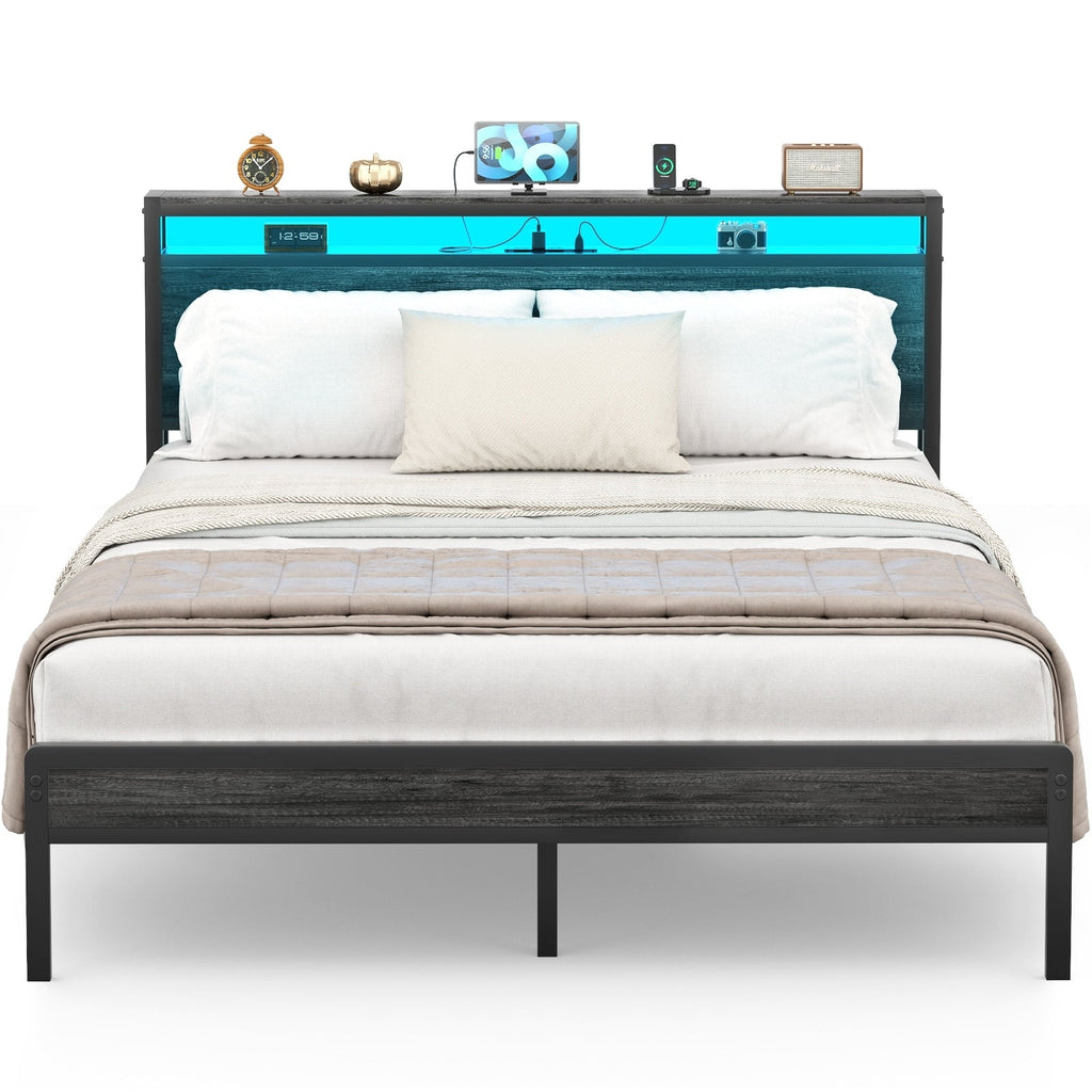 Farmhouse Wood Platform Bed Frame with Charged Station and LED Lights