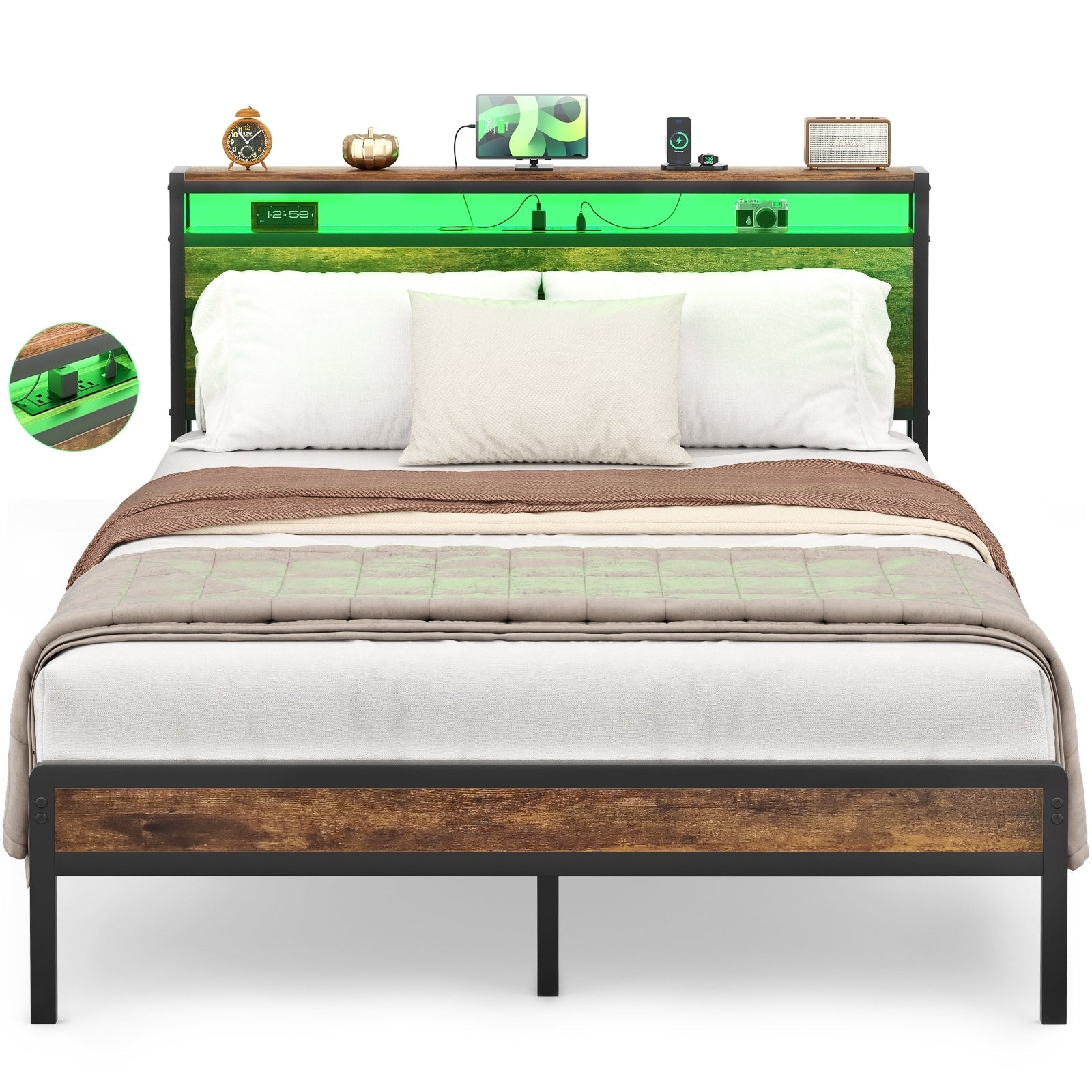 Farmhouse Wood Platform Bed Frame with Charged Station and LED Lights