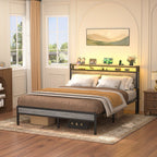 Farmhouse Wood Platform Bed Frame with Charged Station and LED Lights