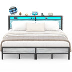 Farmhouse Wood Platform Bed Frame with Charged Station and LED Lights