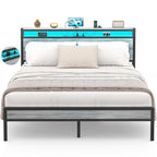 Farmhouse Wood Platform Bed Frame with Charged Station and LED Lights