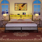 Farmhouse Wood Platform Bed Frame with Charged Station and LED Lights