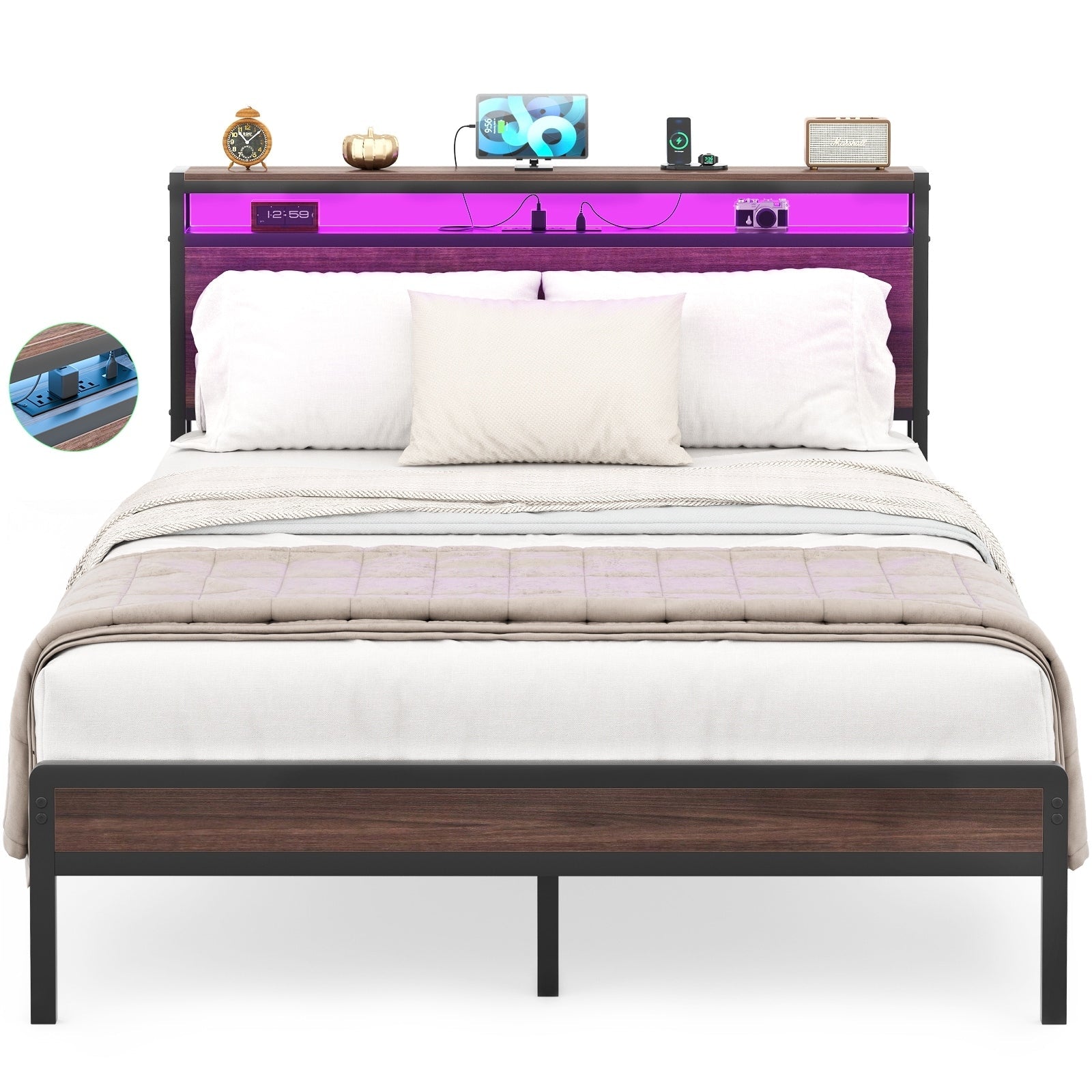 Farmhouse Wood Platform Bed Frame with Charged Station and LED Lights