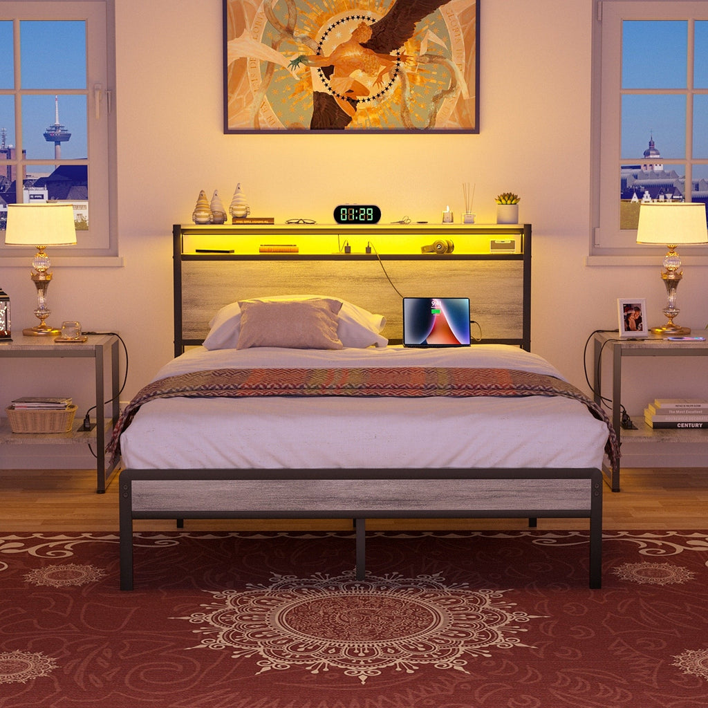 Farmhouse Wood Platform Bed Frame with Charged Station and LED Lights