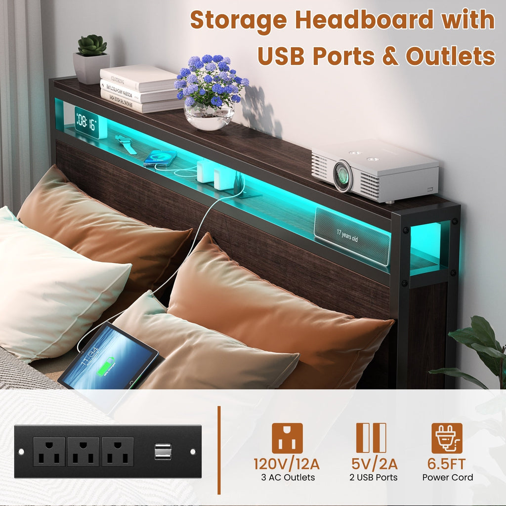 Farmhouse Wood Platform Bed Frame with Charged Station and LED Lights