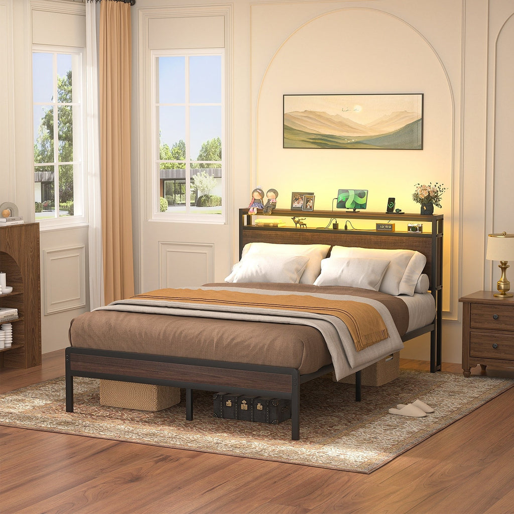 Farmhouse Wood Platform Bed Frame with Charged Station and LED Lights
