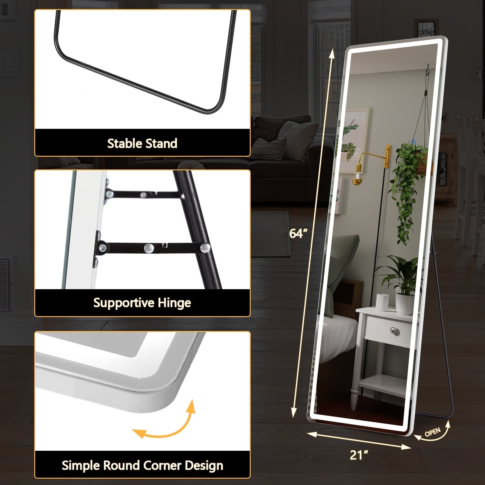 Floor Mirror with LED Light, 64 x 21 Full Length Mirror with Stand, Hanging Mirror Wall Mounted Mirror Full Body Mirror