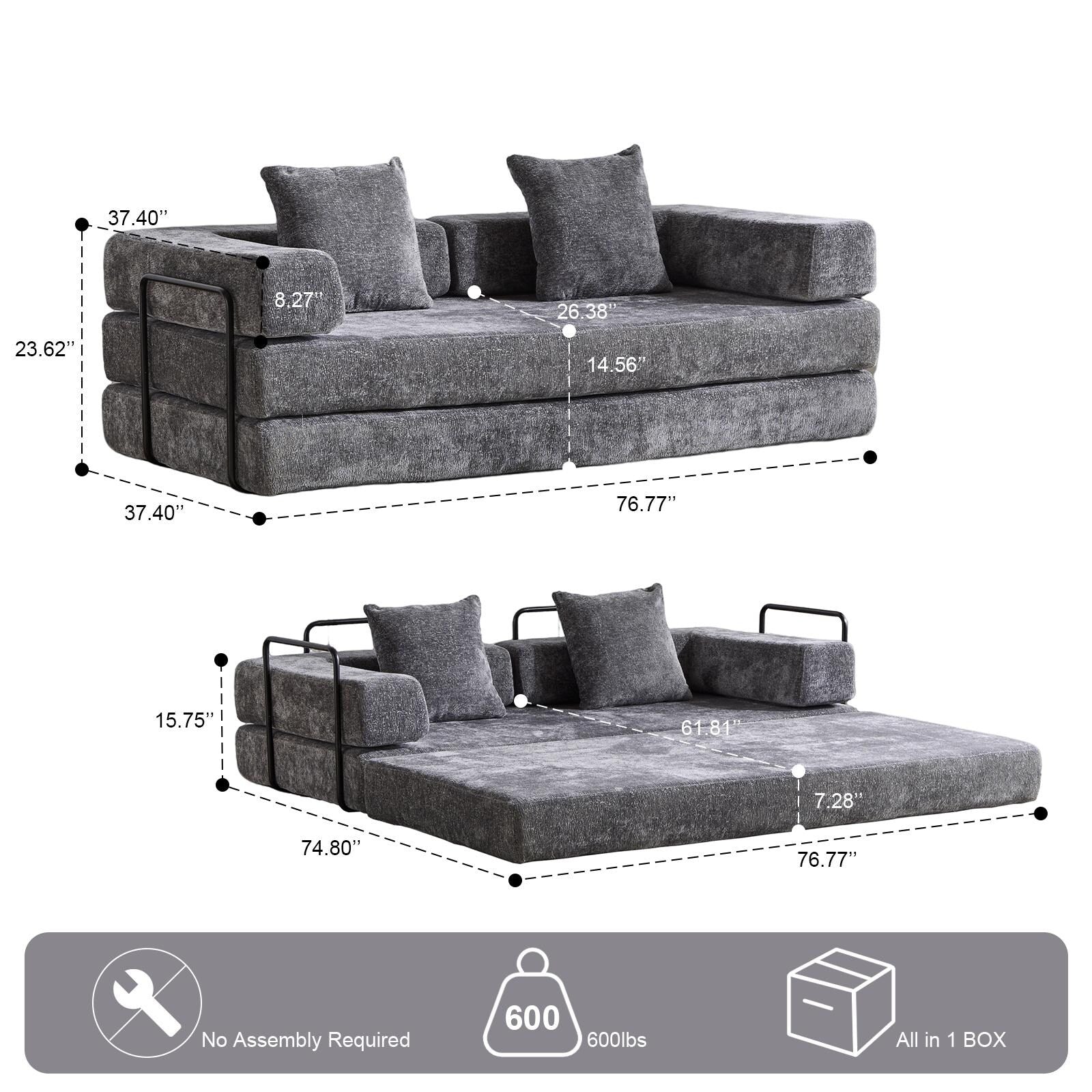 Floor Sofa Bed Convertible with Pillow Back Chenille Fabric for Living Room Bedroom