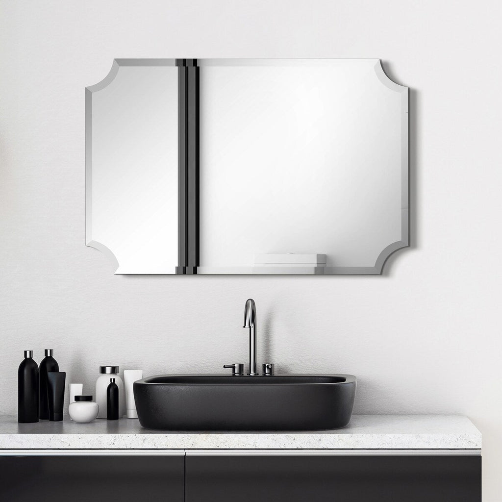 Frameless Rectangle Scalloped Beveled Wall Mirror, Bathroom, Vanity, Bedroom Mirror,1-beveled Edge - Clear