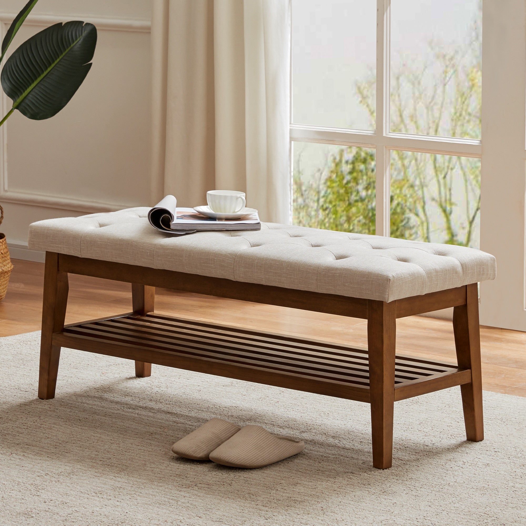 Entryway Shoe Bench Storage Bench Fabric Solid Wood, 43-inch Upholstered Bench for Living Room, Bedrooms