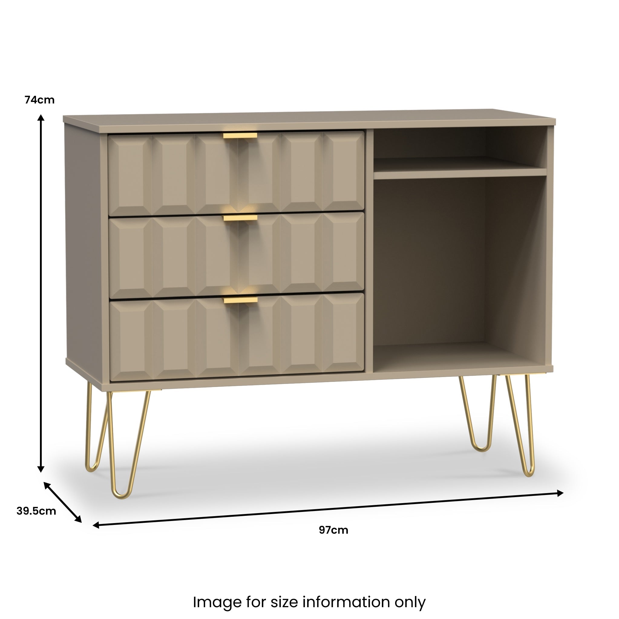 Meuble TV Harlow à 3 tiroirs avec pieds en épingle à cheveux dorés