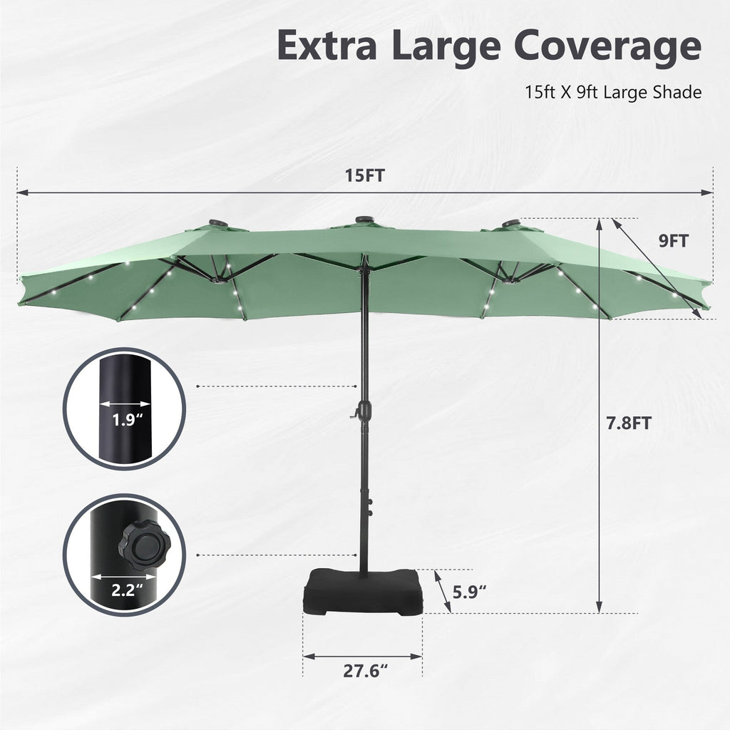 MAISON ARTS 15-foot Rectangular Crank Double-sided Outdoor Market Umbrella Solar LED Lighted Patio Umbrella with Base Included