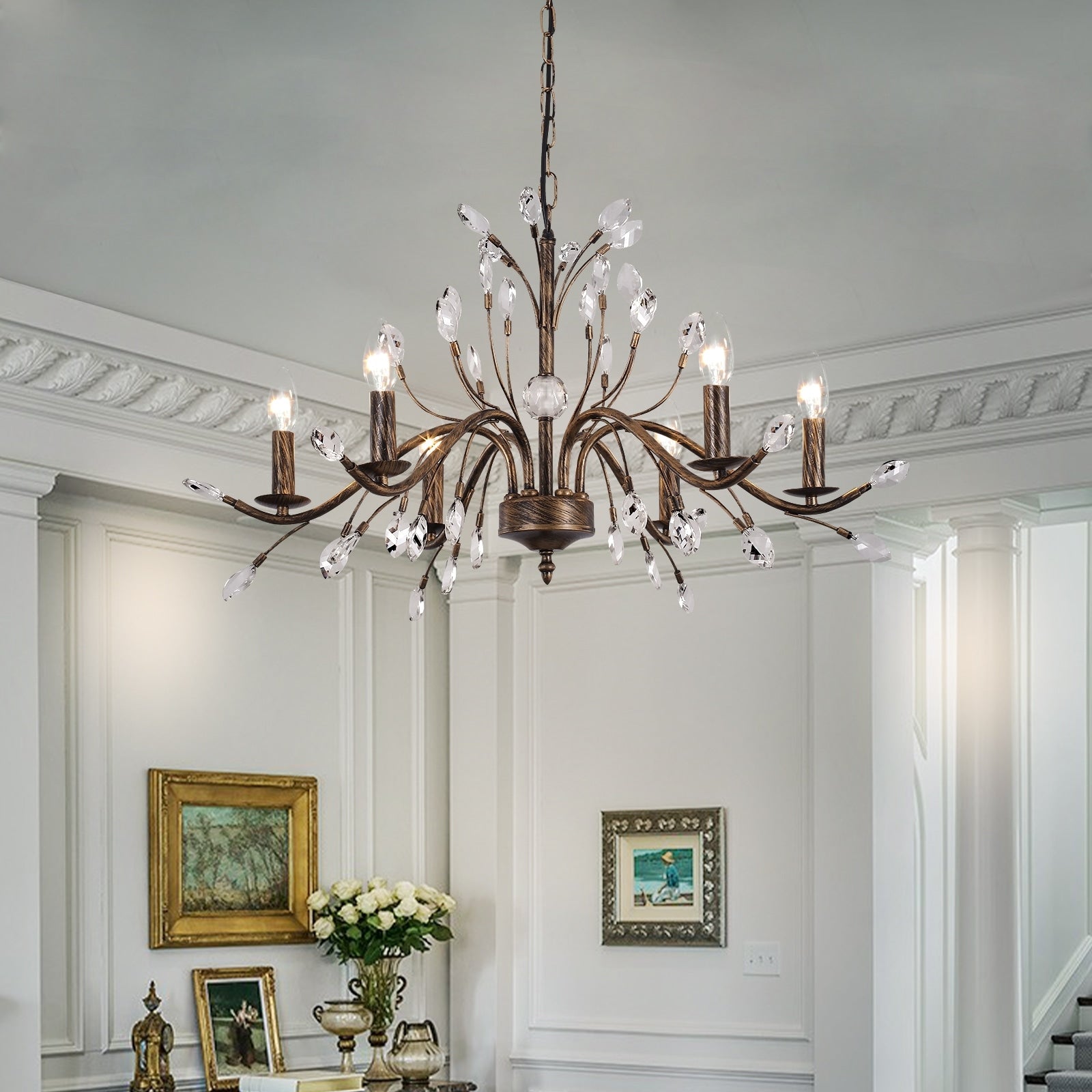 Farmhouse Retro Tree Branch Crystal Chandelier Candle-Style Pendant Light