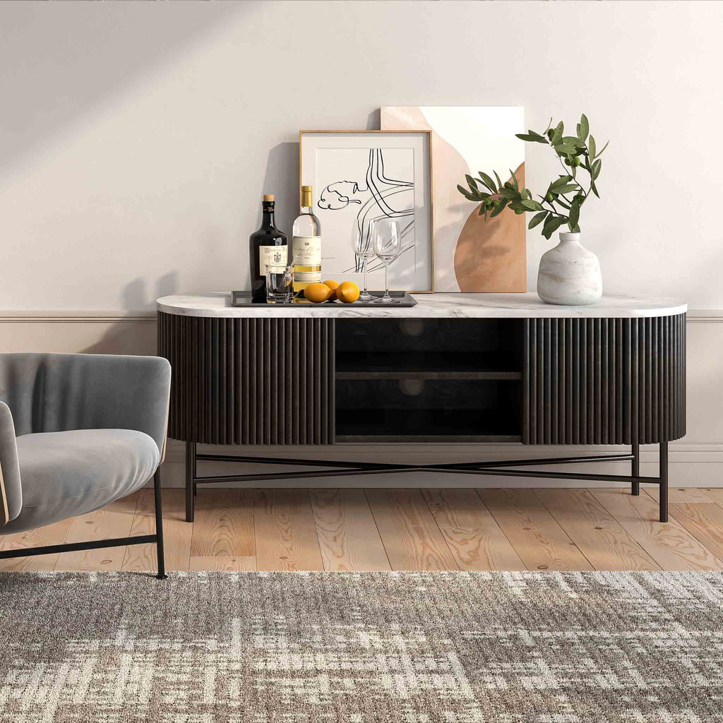 Meuble TV large Milo Mango &amp; Marble cannelé