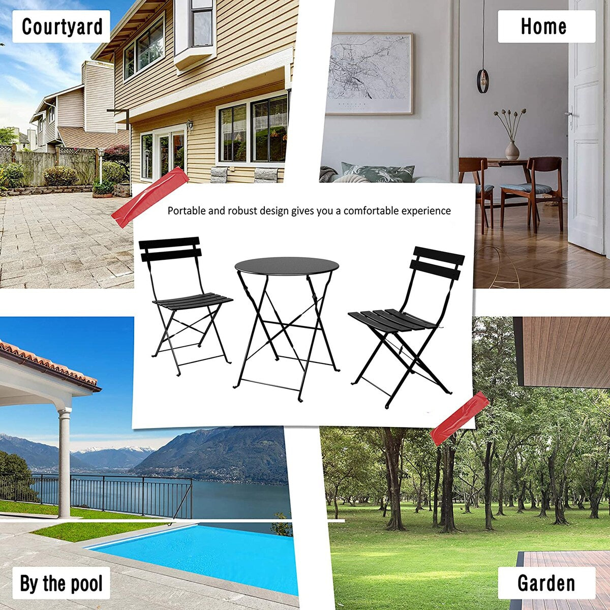 3pc Metal Folding Bistro Set, Weather-Resistant Outdoor/Indoor Conversation Set for Patio, Yard, Garden