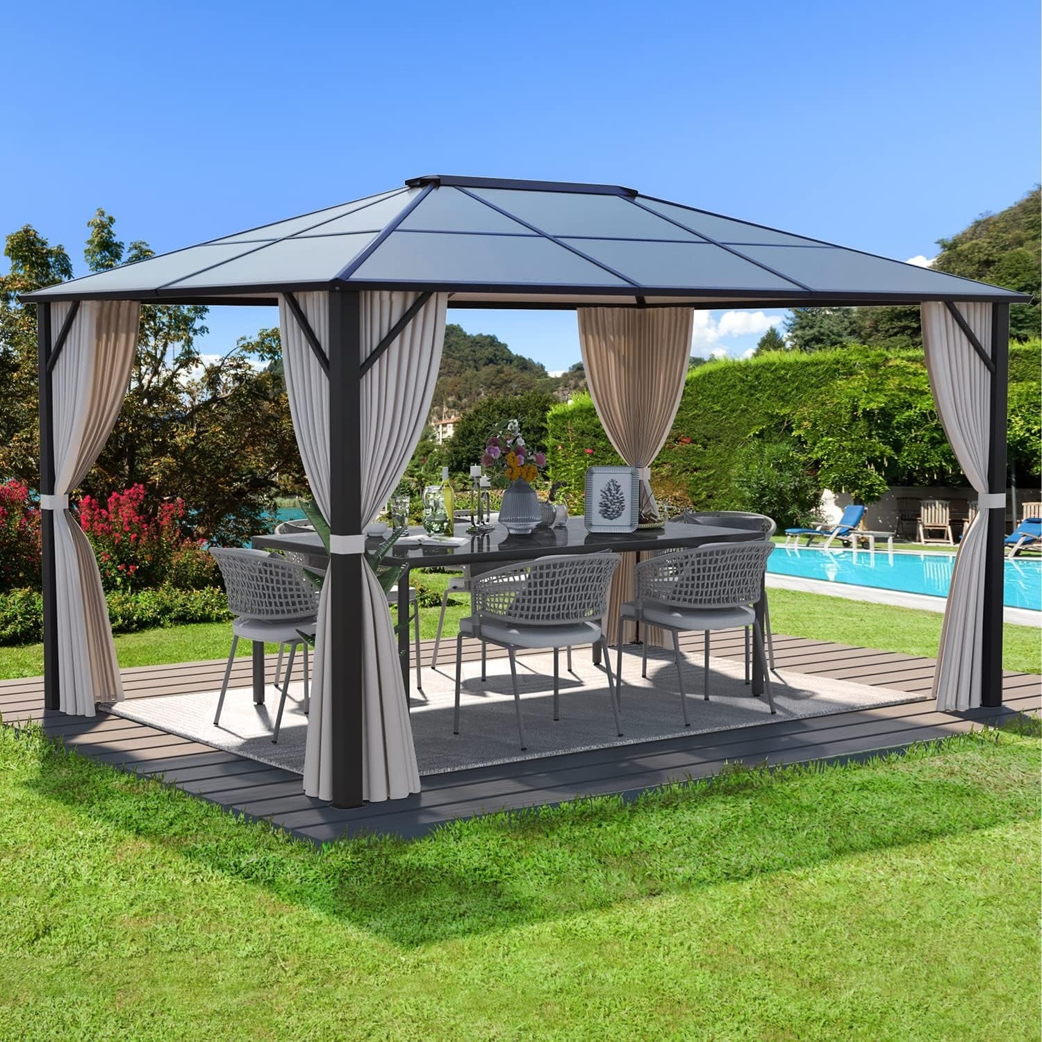 EROMMY Hardtop Gazebo,Outdoor Pergola with Double Roof & Netting & Curtains,Heavy Duty Canopy for Patio, Backyard, Pool party