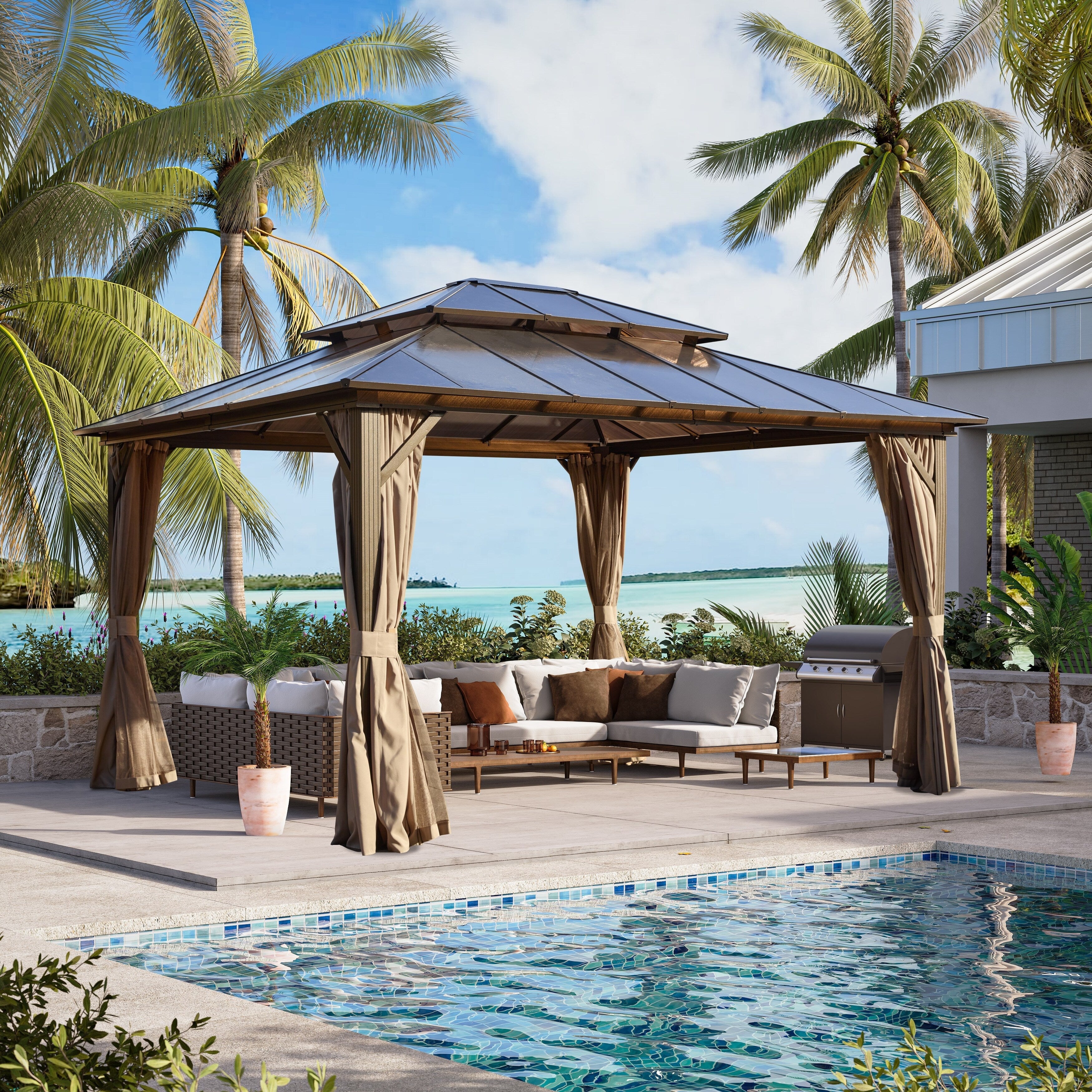 EROMMY Hardtop Gazebo,Outdoor Pergola with Double Roof & Netting & Curtains,Heavy Duty Canopy for Patio, Backyard, Pool party