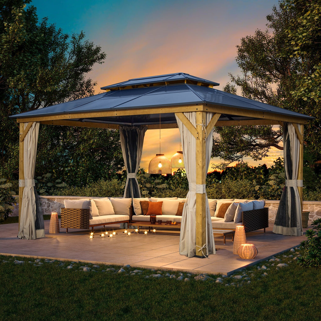 EROMMY Hardtop Gazebo,Outdoor Pergola with Double Roof & Netting & Curtains,Heavy Duty Canopy for Patio, Backyard, Pool party