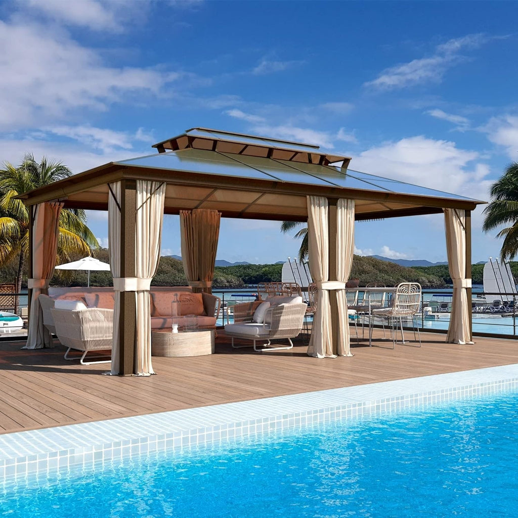 EROMMY Hardtop Gazebo,Outdoor Pergola with Double Roof & Netting & Curtains,Heavy Duty Canopy for Patio, Backyard, Pool party