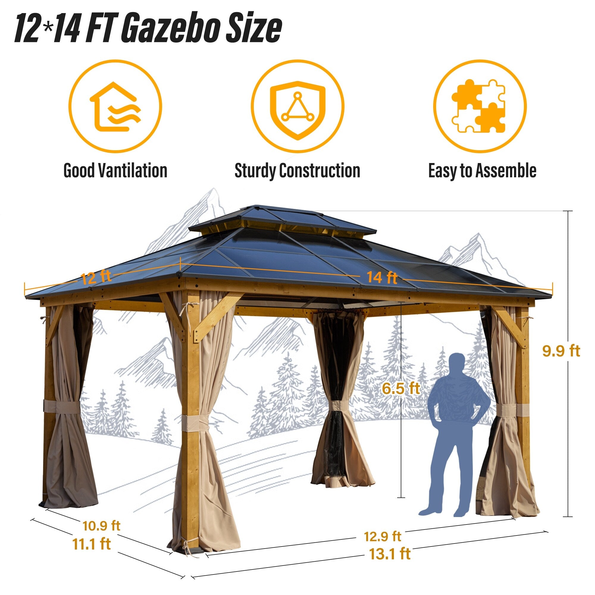 EROMMY Hardtop Gazebo,Outdoor Pergola with Double Roof & Netting & Curtains,Heavy Duty Canopy for Patio, Backyard, Pool party