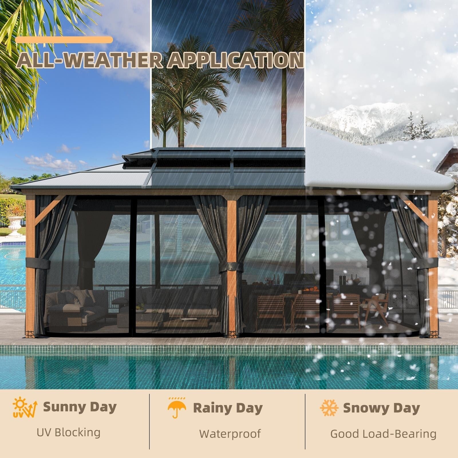 EROMMY Hardtop Gazebo,Outdoor Pergola with Double Roof & Netting & Curtains,Heavy Duty Canopy for Patio, Backyard, Pool party