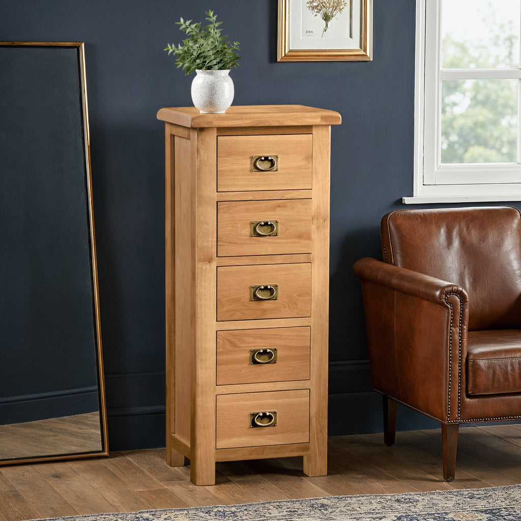 Commode haute Zelah en chêne à 5 tiroirs