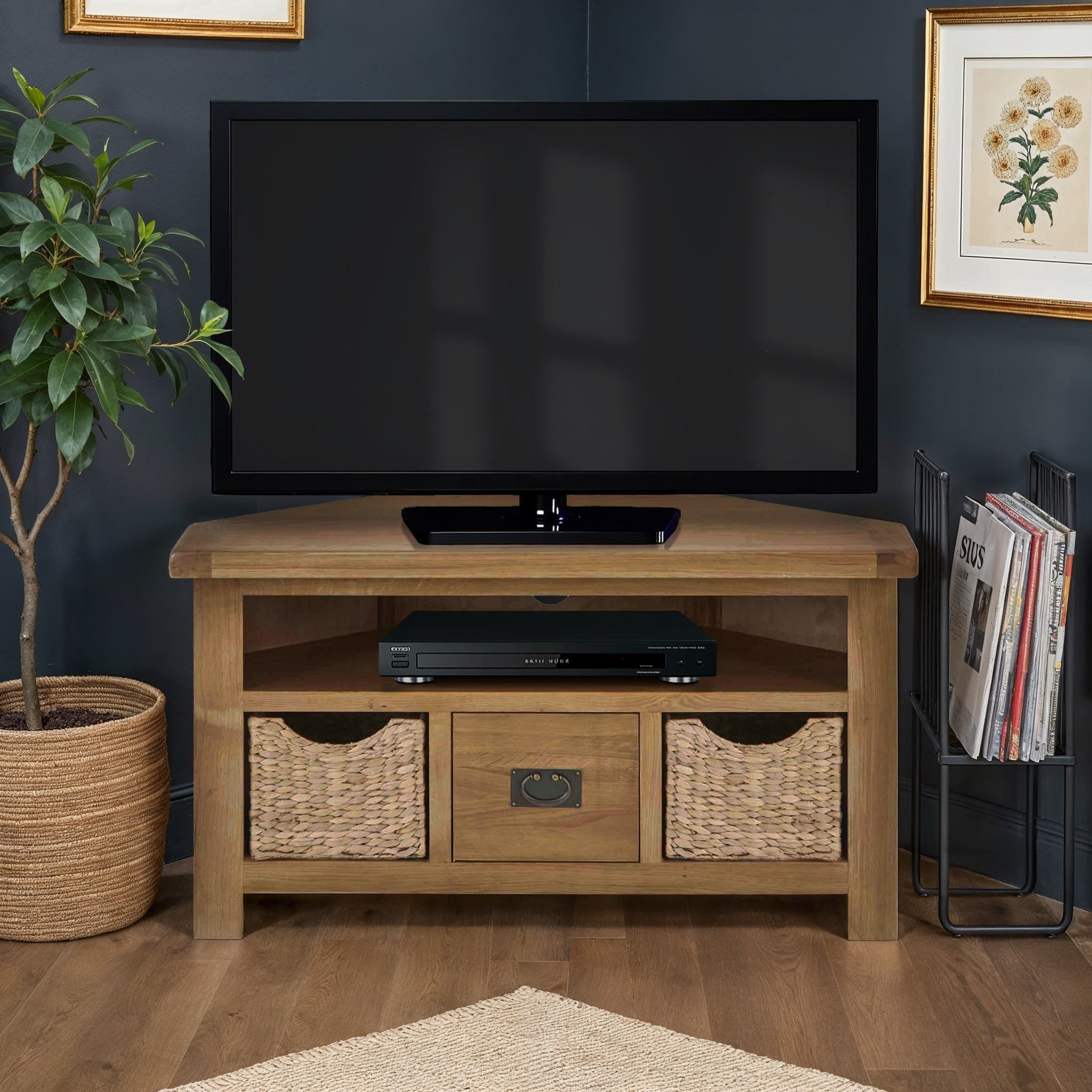 Meuble TV d'angle Zelah en chêne avec paniers