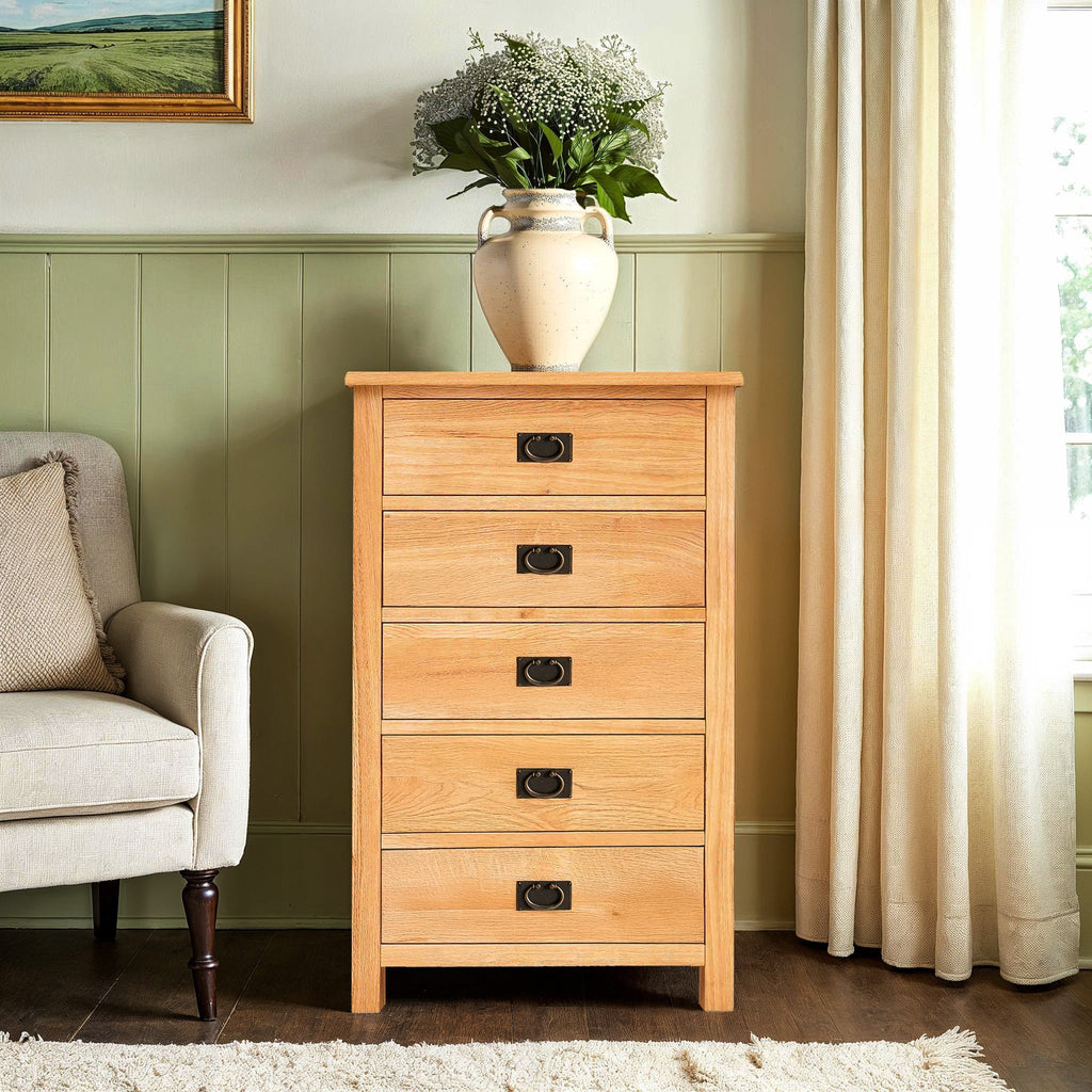 Commode à 5 tiroirs larges en chêne Surrey