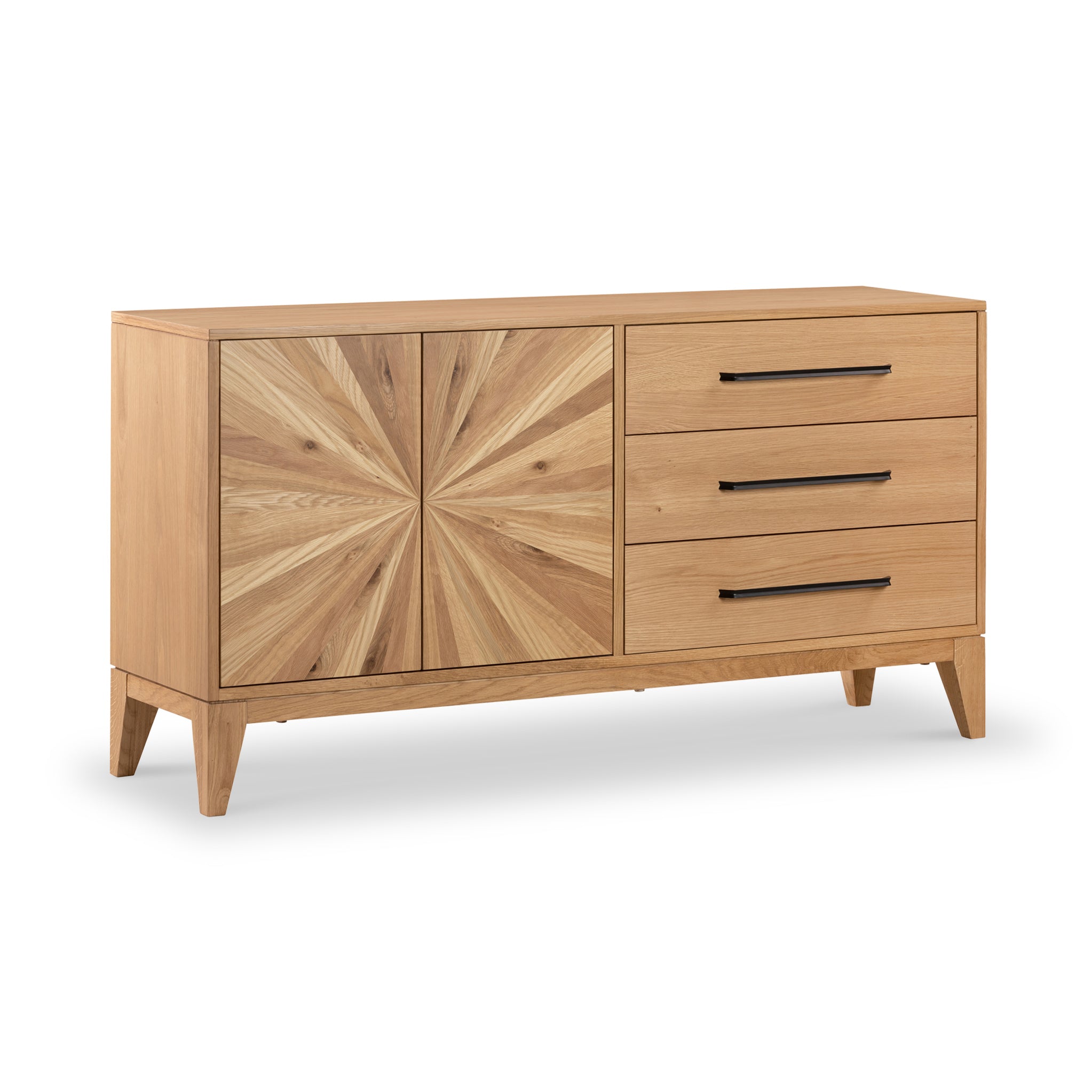Buffet grand modèle en chêne Sunburst à 2 portes et 3 tiroirs