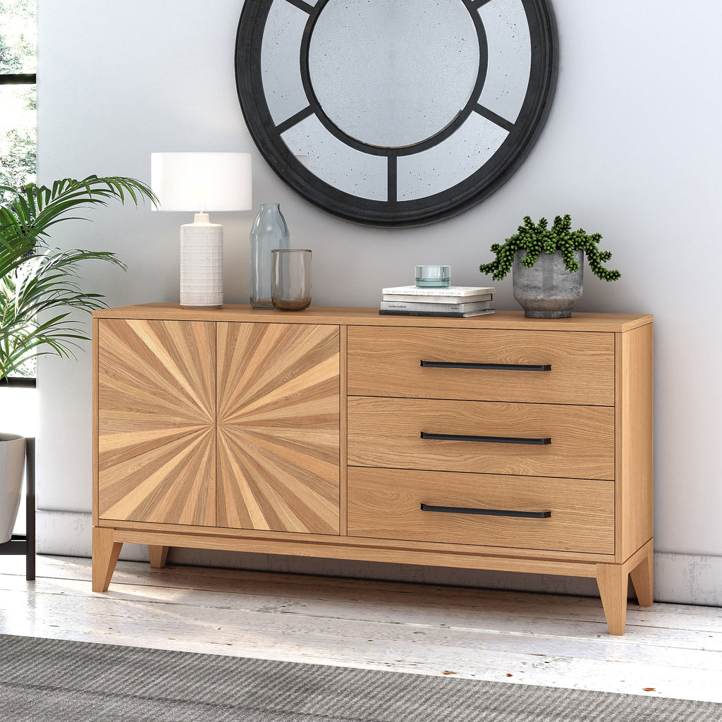 Buffet grand modèle en chêne Sunburst à 2 portes et 3 tiroirs