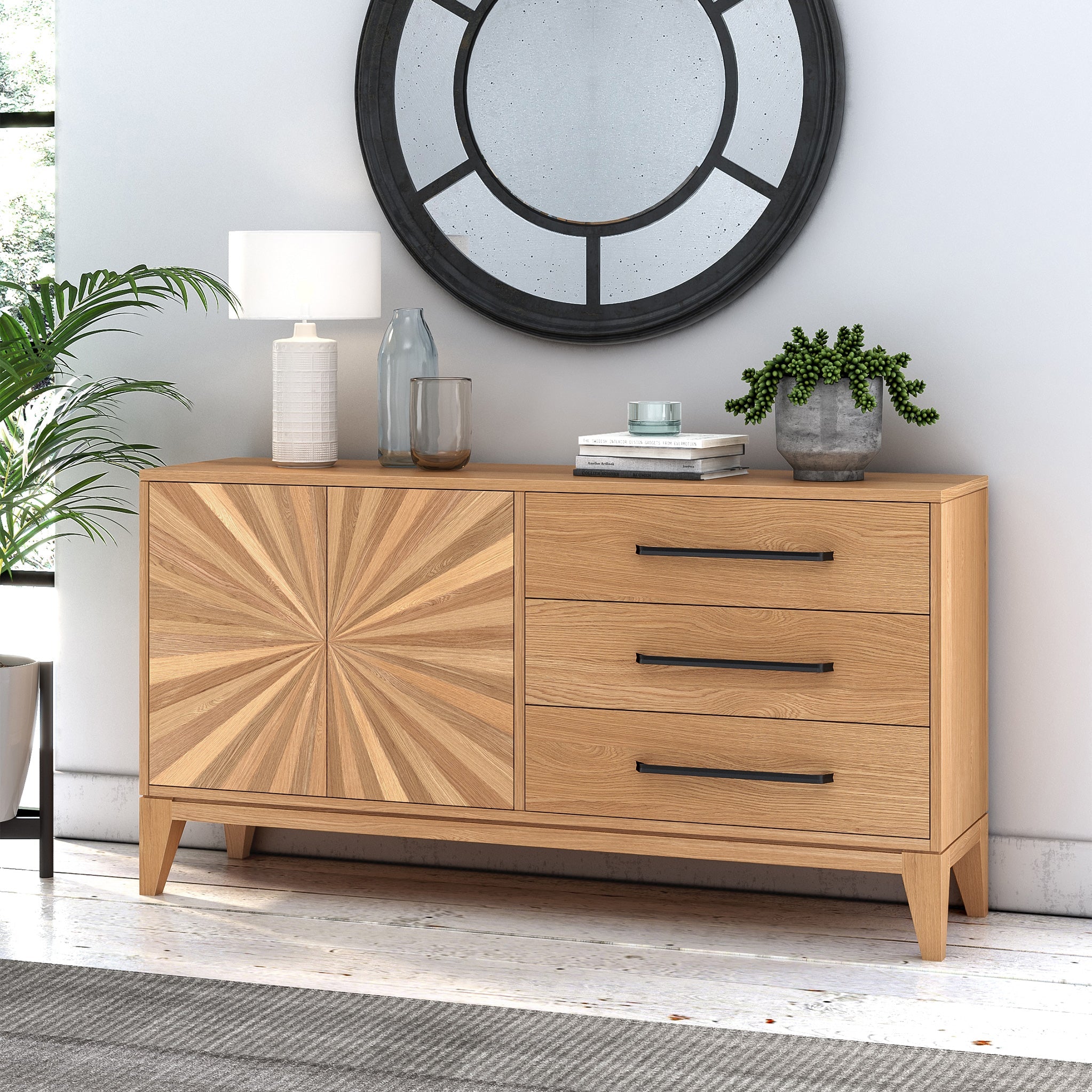 Buffet grand modèle en chêne Sunburst à 2 portes et 3 tiroirs