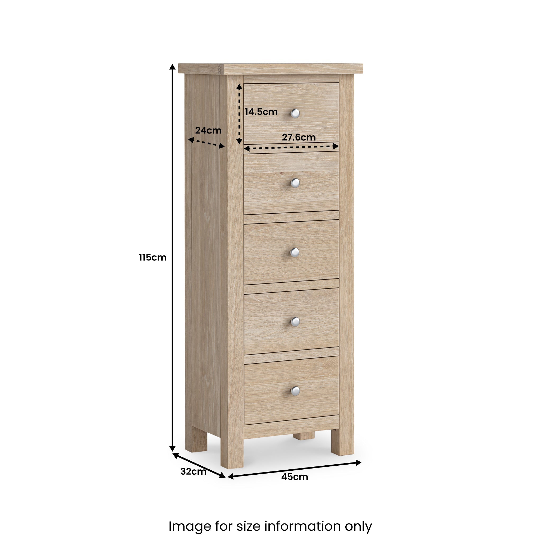 Commode haute à 5 tiroirs en chêne délavé Farrow