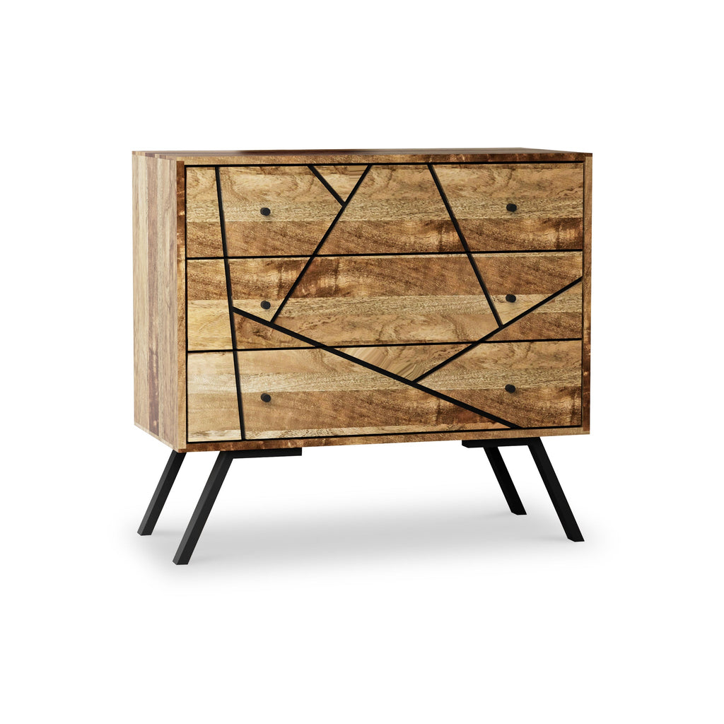 Commode Maddox rainurée en bois de manguier à 3 tiroirs