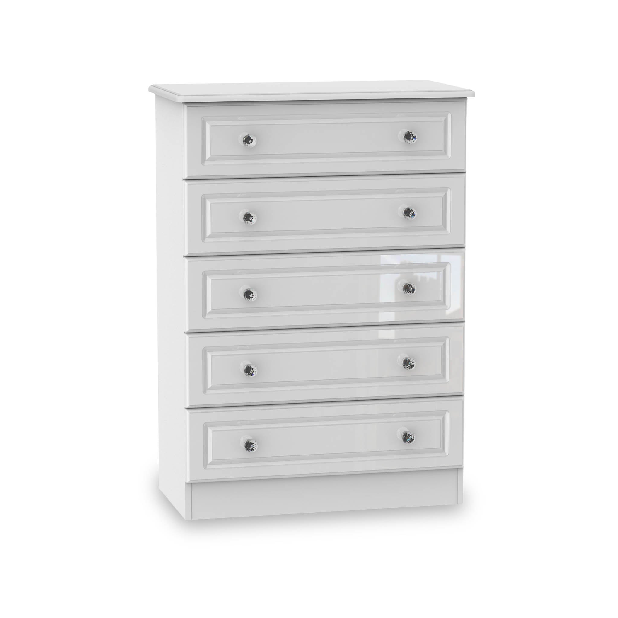 Commode Kinsley blanche brillante à 5 tiroirs