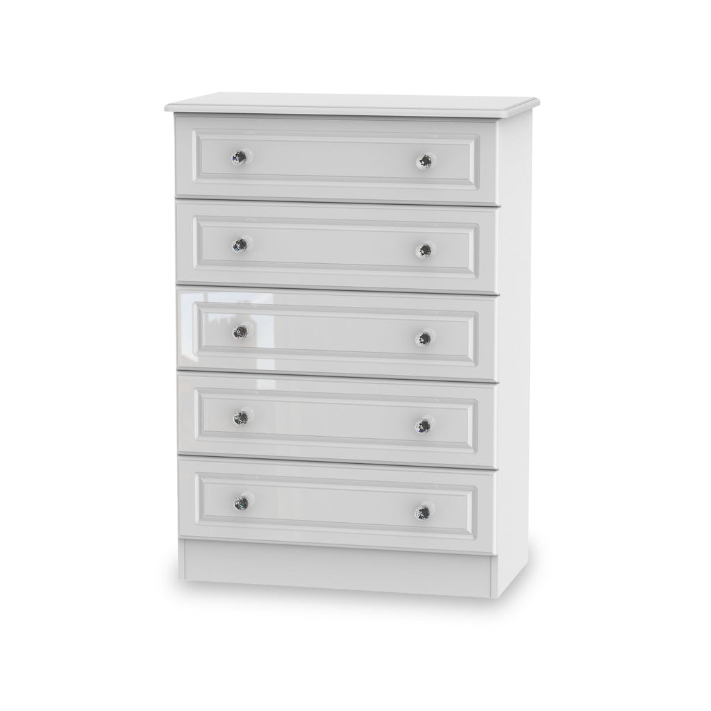 Commode Kinsley blanche brillante à 5 tiroirs