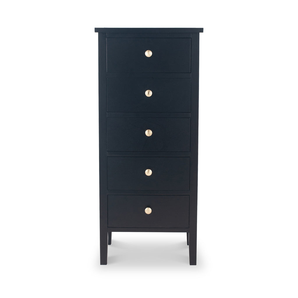 Commode haute Chelmsford en pin noir satiné à 5 tiroirs