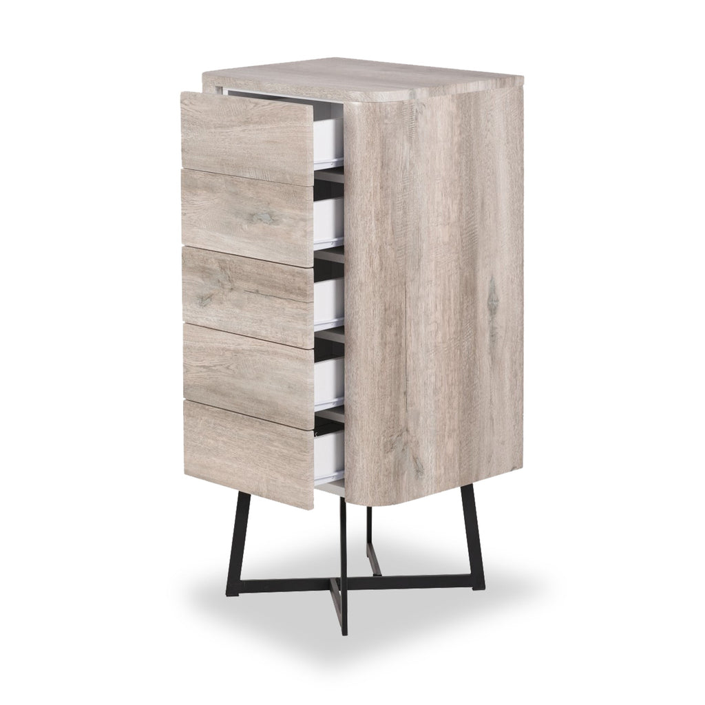 Commode haute Ukiah effet chêne à 5 tiroirs