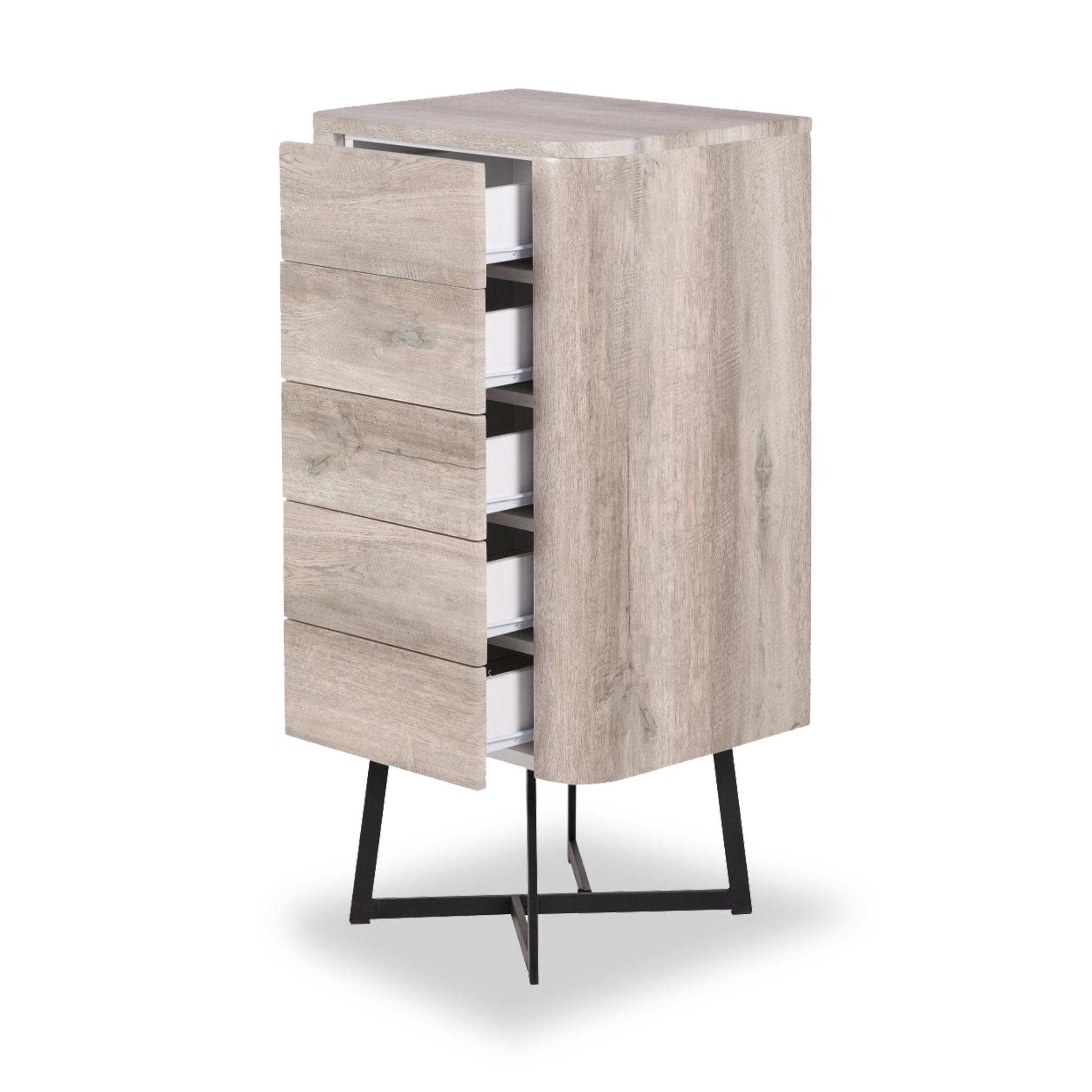 Commode haute Ukiah effet chêne à 5 tiroirs