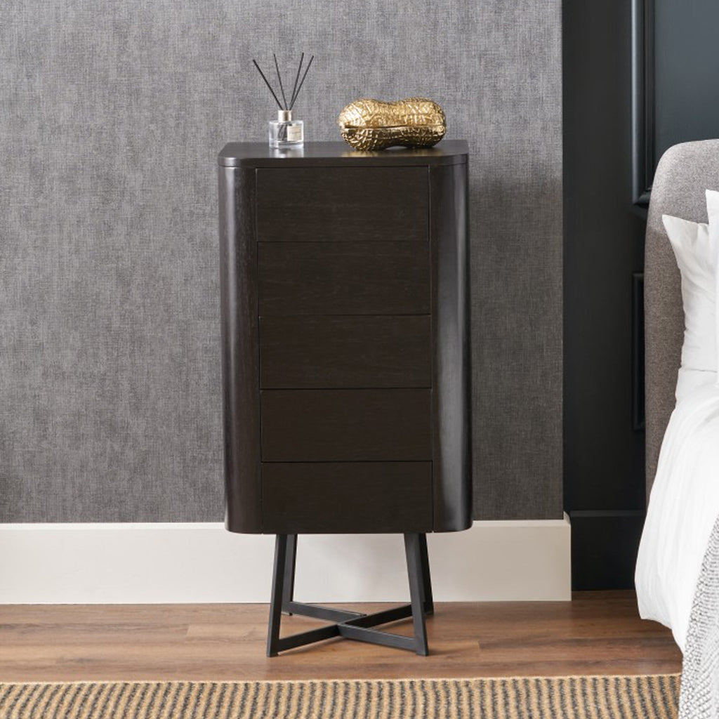 Commode haute Ukiah en frêne noir à 5 tiroirs