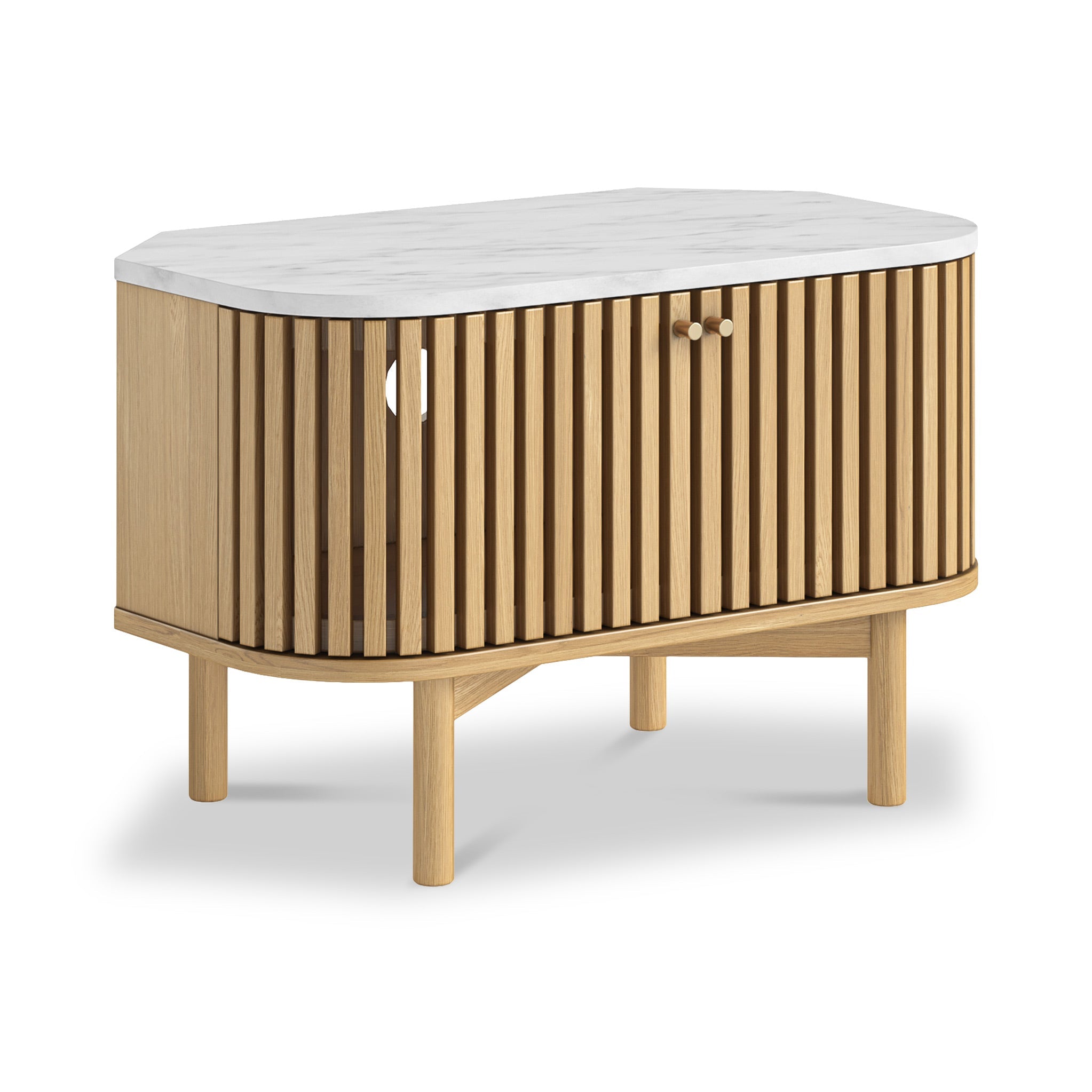 Meuble TV d'angle à lattes en chêne et marbre Shorwell