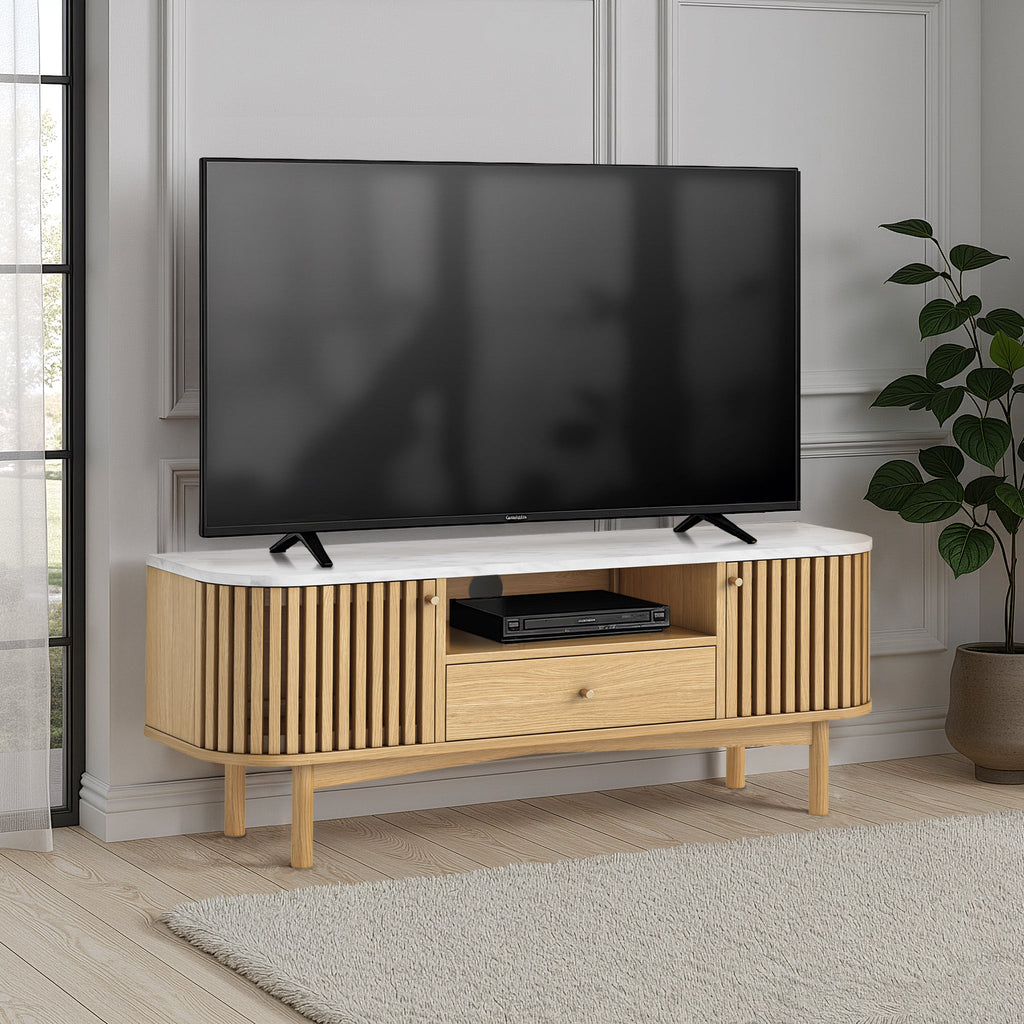 Meuble TV Shorwell en chêne et marbre à lattes de 130 cm
