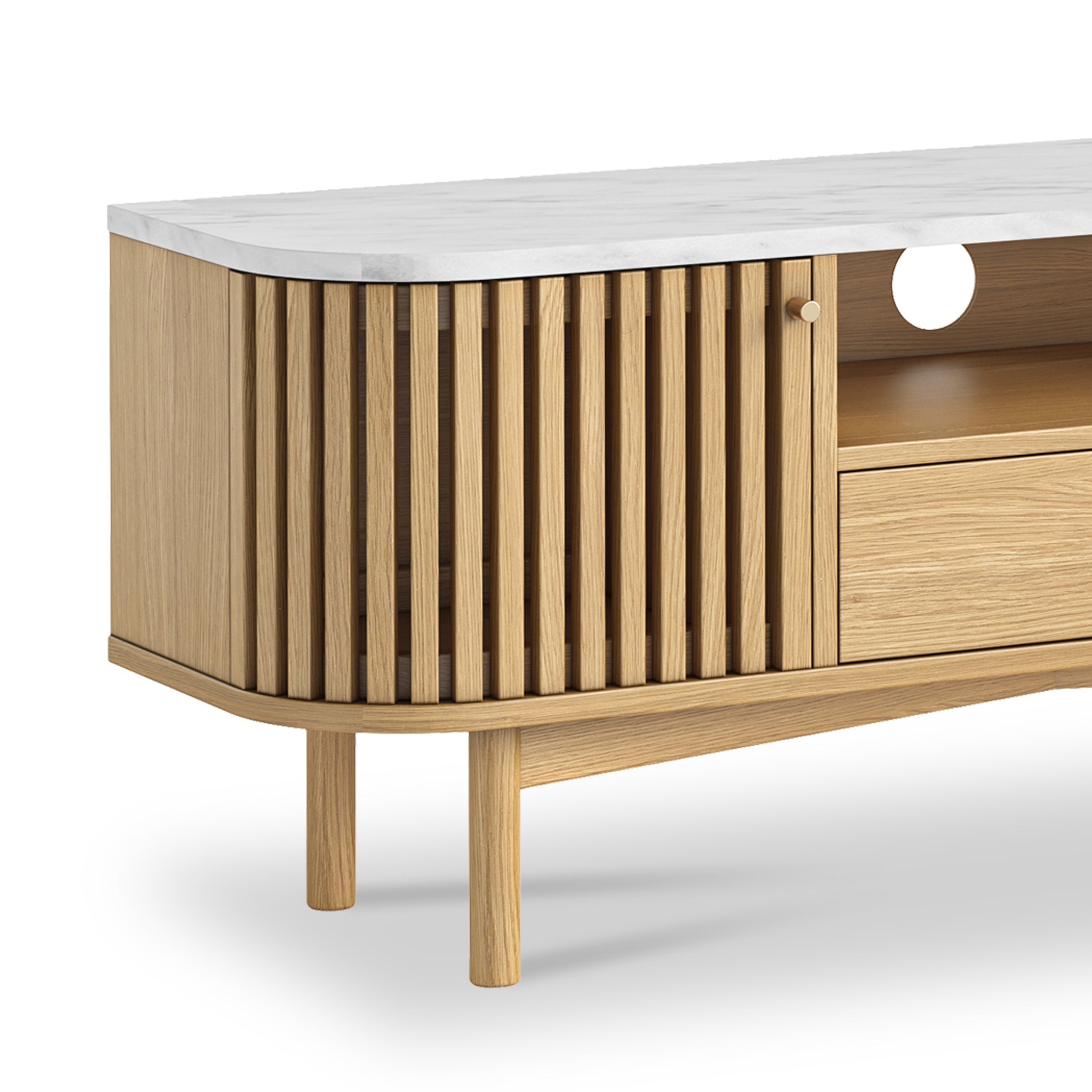 Meuble TV Shorwell en chêne et marbre à lattes de 130 cm