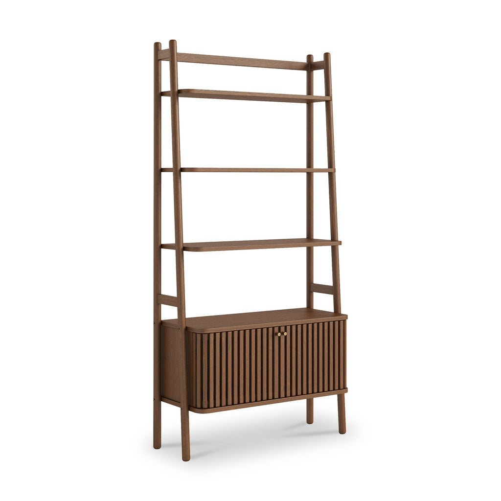 Grande bibliothèque Shorwell en chêne foncé avec placard à deux portes à claire-voie