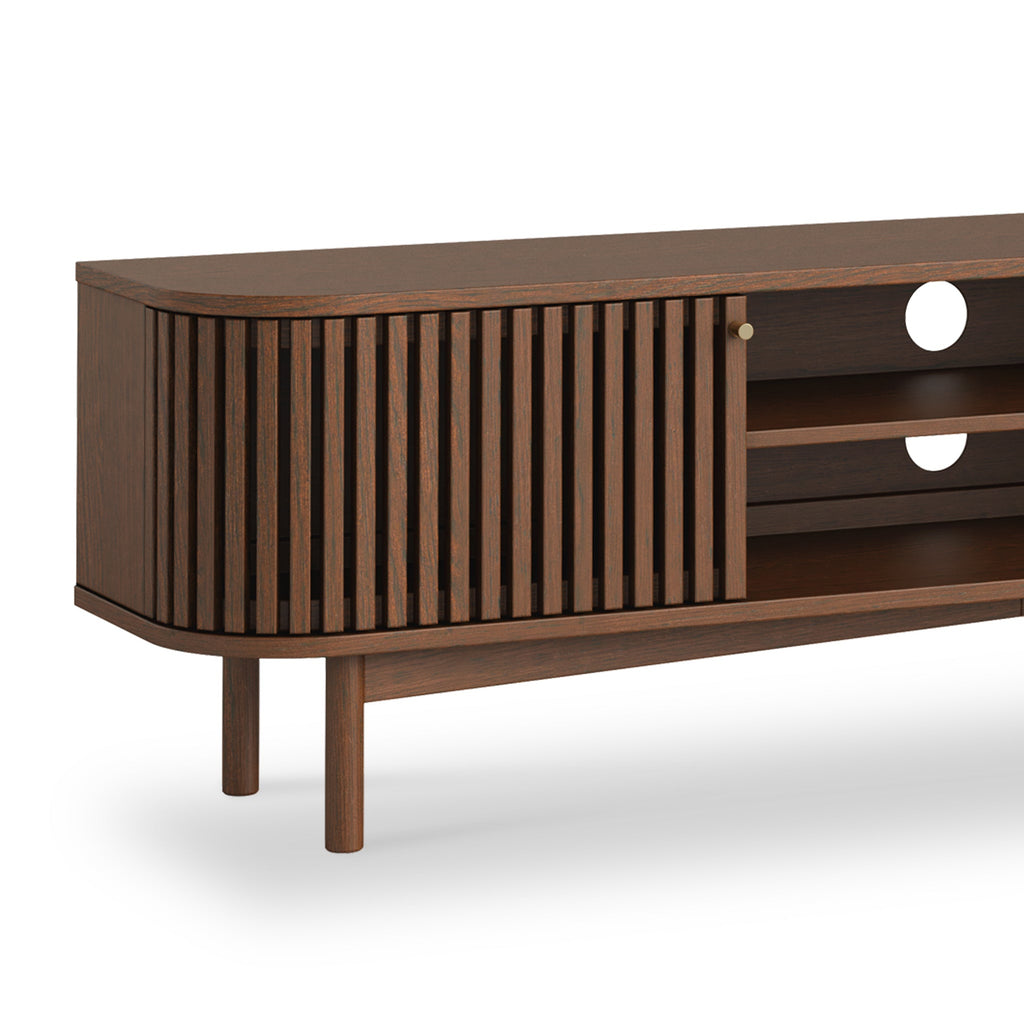 Meuble TV Shorwell en chêne foncé, 180 cm, à lattes.