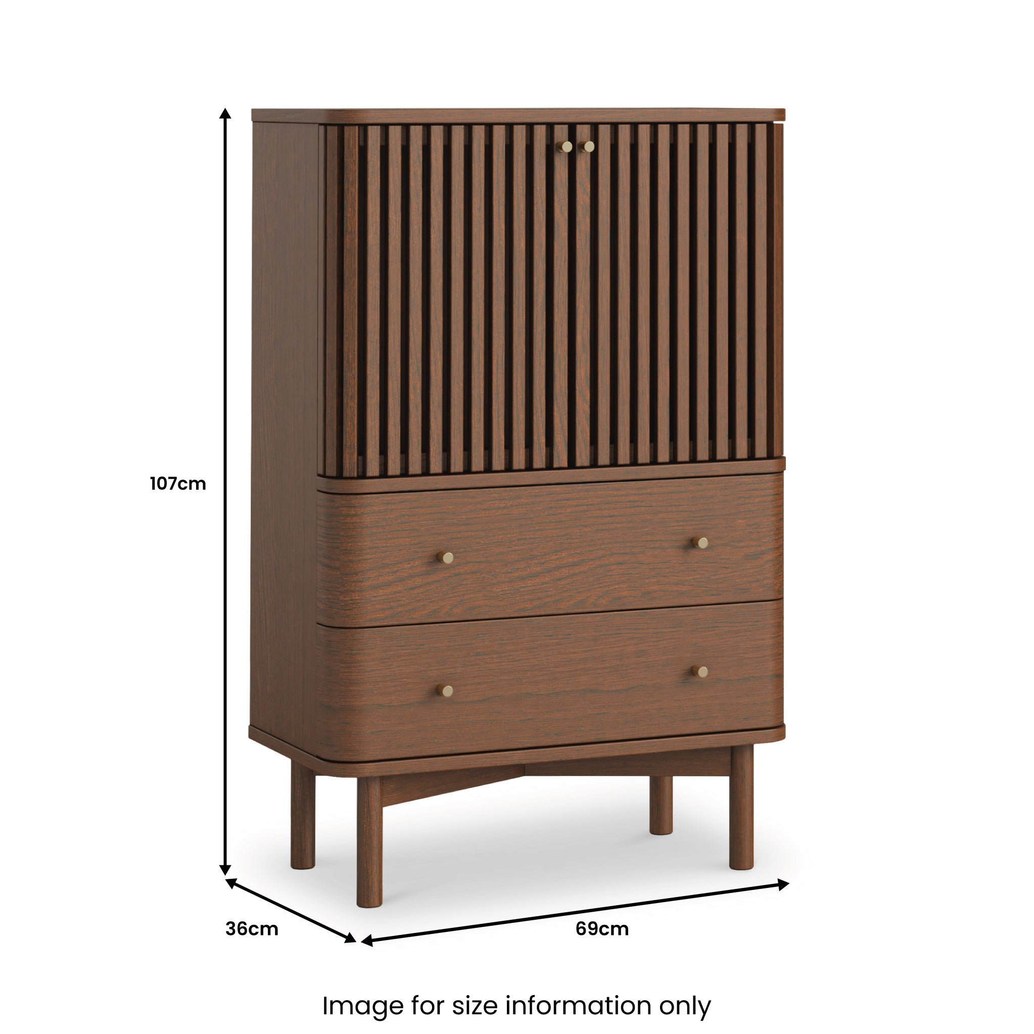 Meuble Shorwell en chêne foncé à lattes, 2 tiroirs et 2 portes