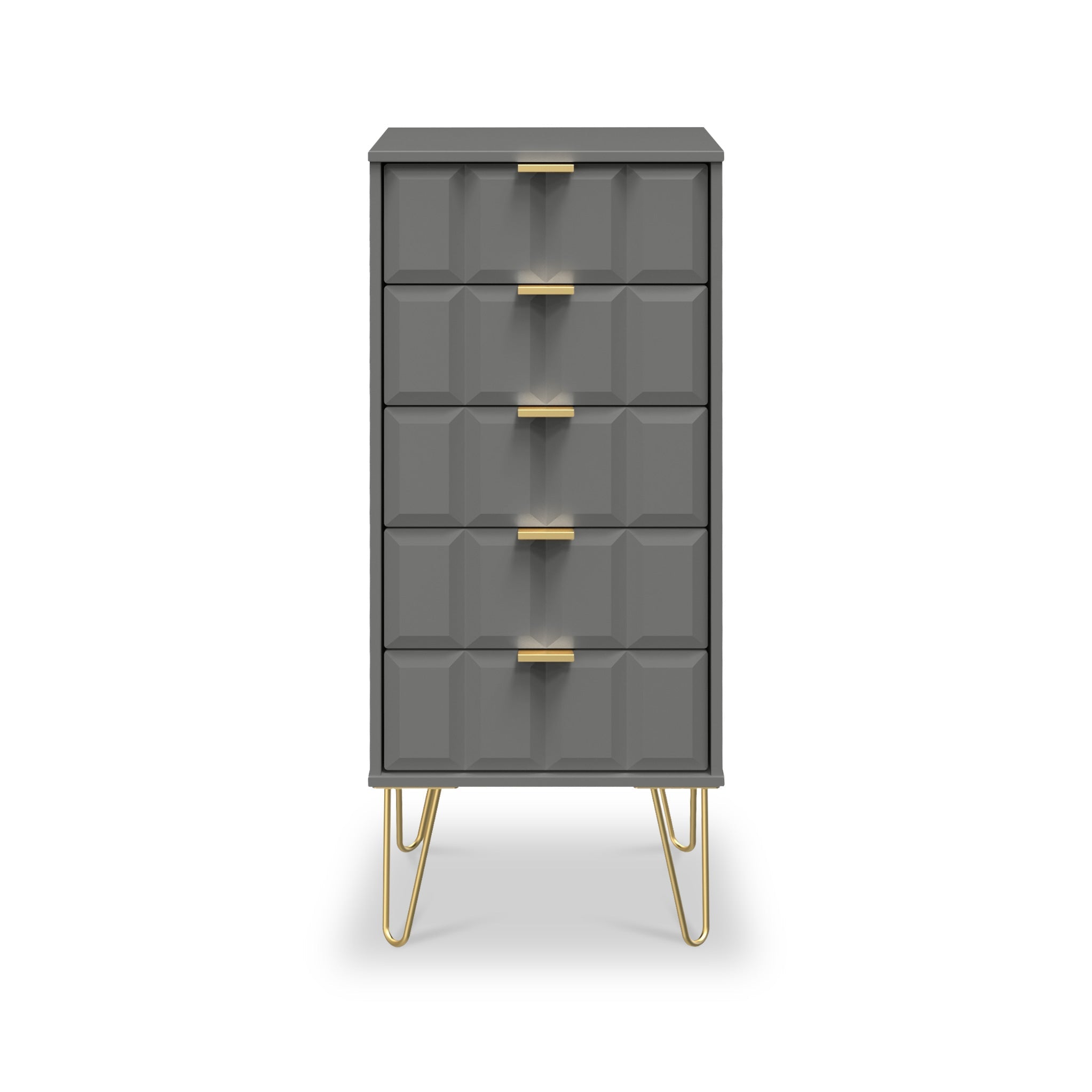 Commode haute Harlow à 5 tiroirs avec pieds en épingle à cheveux dorés