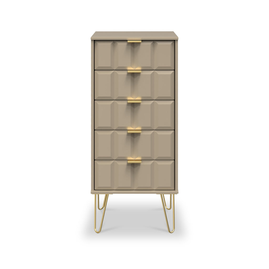 Commode haute Harlow à 5 tiroirs avec pieds en épingle à cheveux dorés