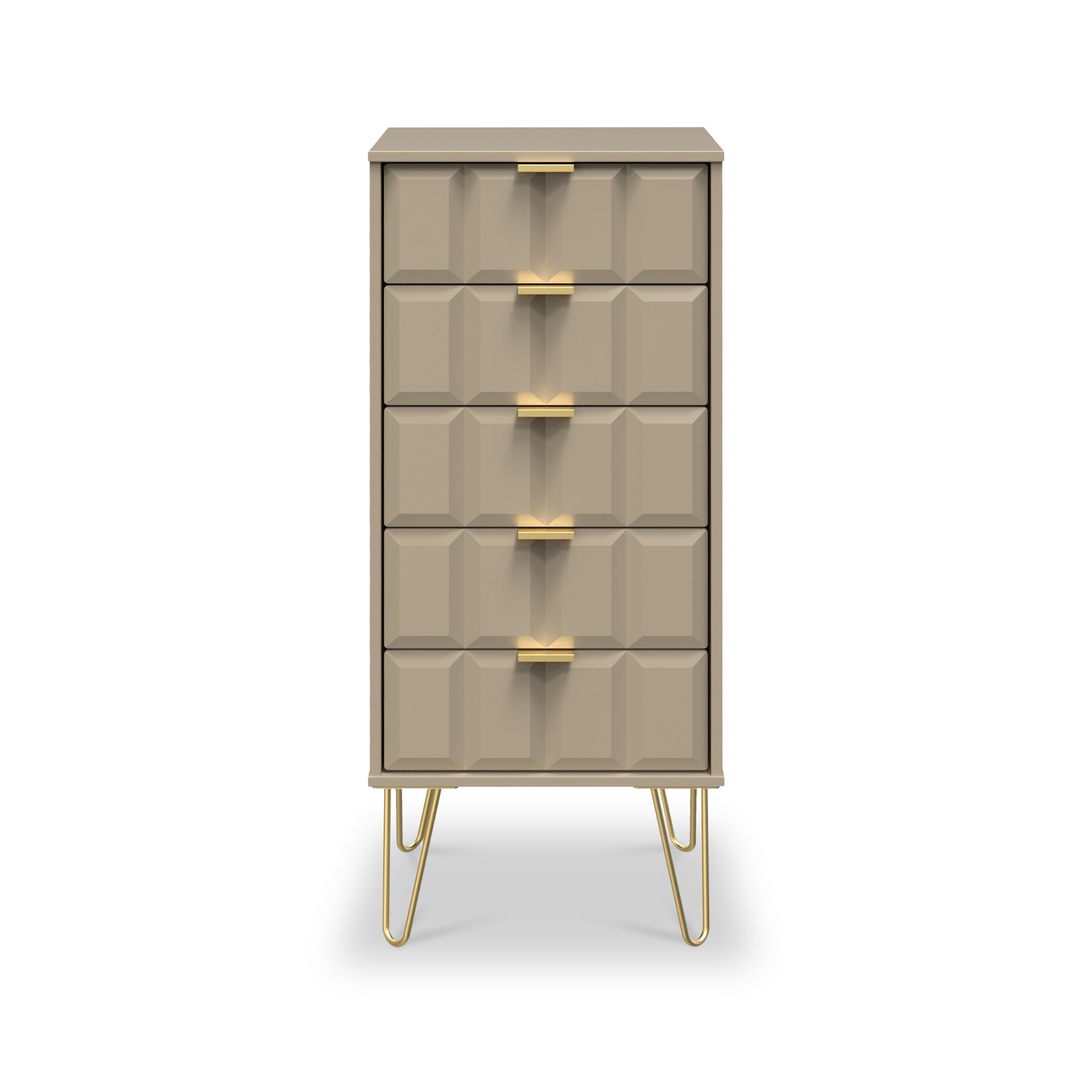 Commode haute Harlow à 5 tiroirs avec pieds en épingle à cheveux dorés